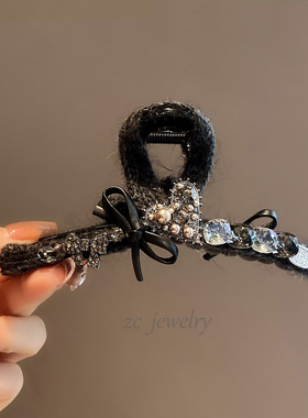 韩国东大门时尚灰色毛线重工闪钻爱心ab面蝴蝶结抓夹轻奢盘发夹
