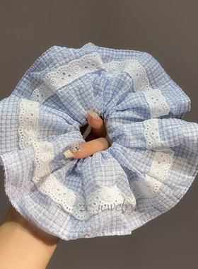 甜美森系蓝色格子蕾丝气质大肠圈女高级感优雅小众ins扎头绳发饰