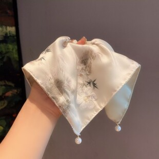 高级感新中式淡绿刺绣竹节印花个性方巾肠圈女时尚优雅扎头绳发饰