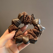 美拉德咖色皮质蝴蝶结小肠圈时尚 韩版 东大门新款 精致后脑勺扎头绳