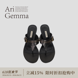 Ari Gemma|波尔多·T字带夹趾拖鞋铆钉扣带反叛摩登坡跟凉鞋