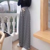 棋盘格阔腿裤 直筒长裤 女夏季 高腰家居垂感黑色冰丝休闲ins格子裤
