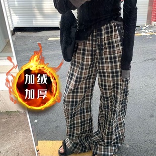 遛弯居家睡裤 女秋冬宽松直筒阔腿裤 子休闲裤 羊羔绒加绒加厚格子裤