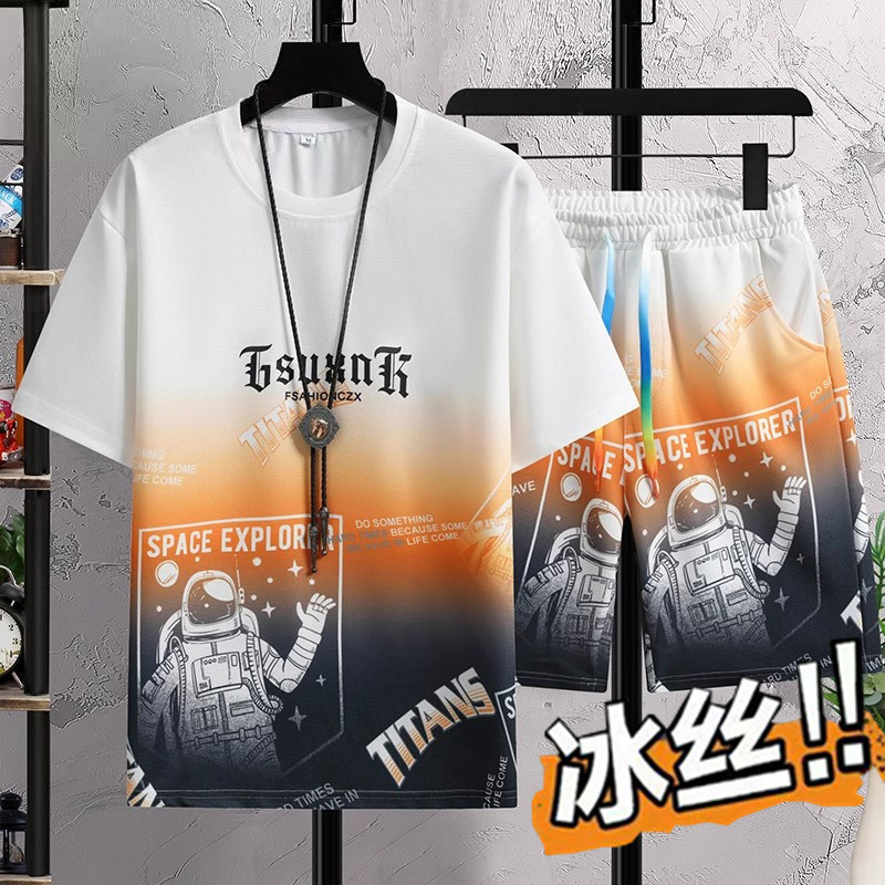 男士夏季冰丝套装潮牌t恤两件套