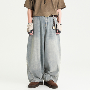 男复古做旧垂感拖地长裤 高街oversize宽松阔腿牛仔裤 鹿美式 怕生