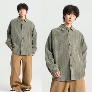 外套男女宽松工装 秋日系vintage复古条纹灯芯绒衬衫 衬衣 鹿 怕生