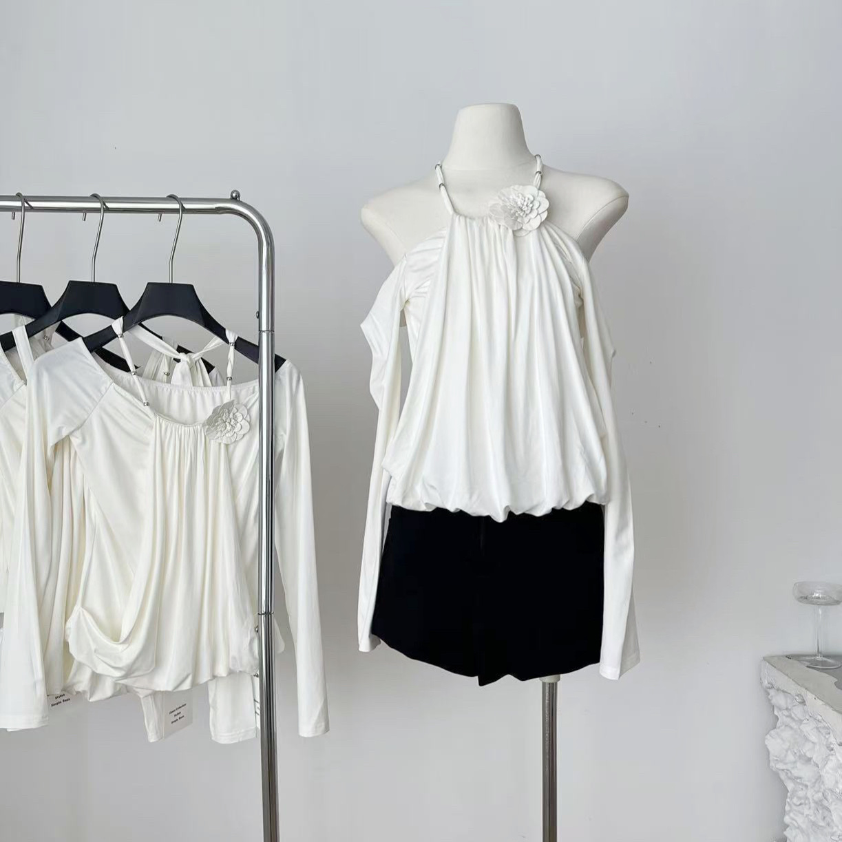 Wuu2sweet吴太甜 纯欲立体褶皱一字肩长袖T恤女修身显瘦早秋上衣