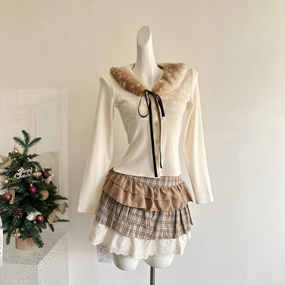 Acaine杏色毛领长袖套头针织衫女冬季内搭叠穿法式修身显瘦上衣