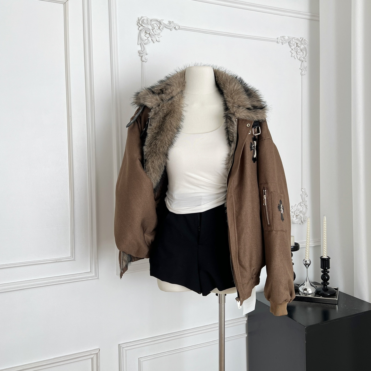 FXOP美式十字架座山雕夹棉毛领外套女宽松设计感加厚飞行棉衣棉服