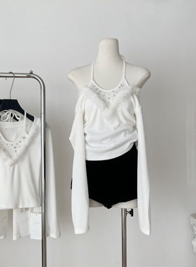 Suuuicee◆沉溺月光 纯欲挂脖假两件拼接毛毛针织衫修身长袖上衣