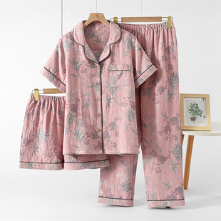 三件套睡衣女纯棉纱布色织薄款 宽松家居服套装 短袖 长裤 短裤 夏季