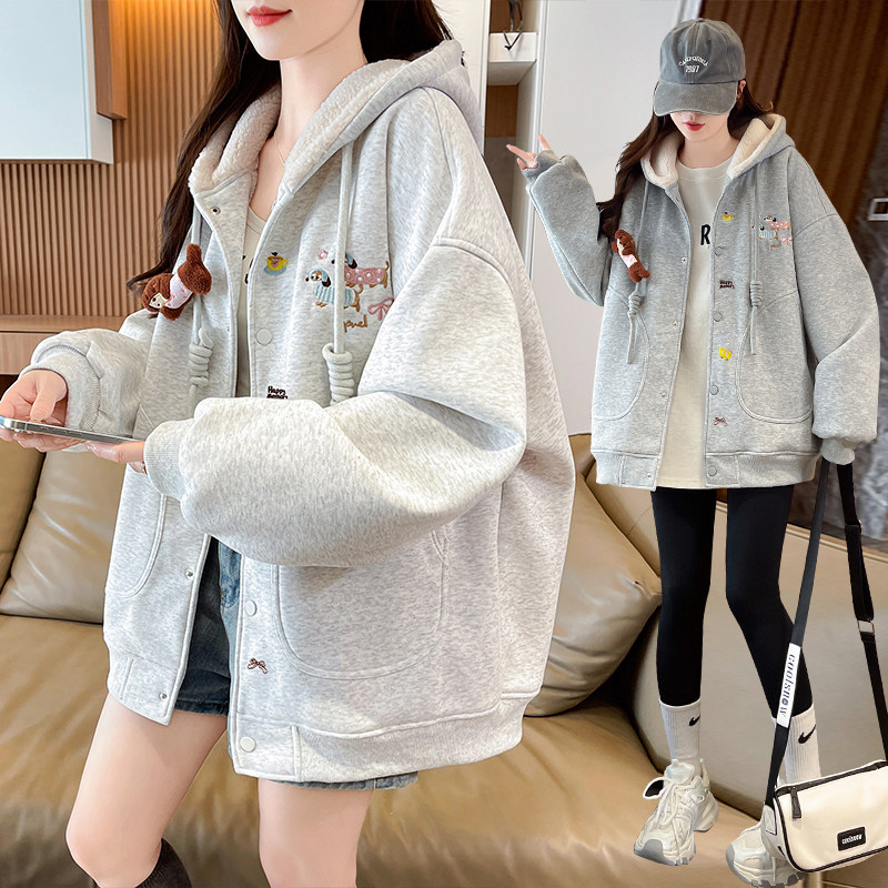 学院风加绒加厚外套2025冬季女宽松卡通刺绣开衫学生卫衣保暖棉服