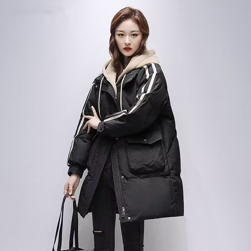 连帽假两件拼色棉衣女冬装新中长款设计感宽松大码厚防寒服袄外套