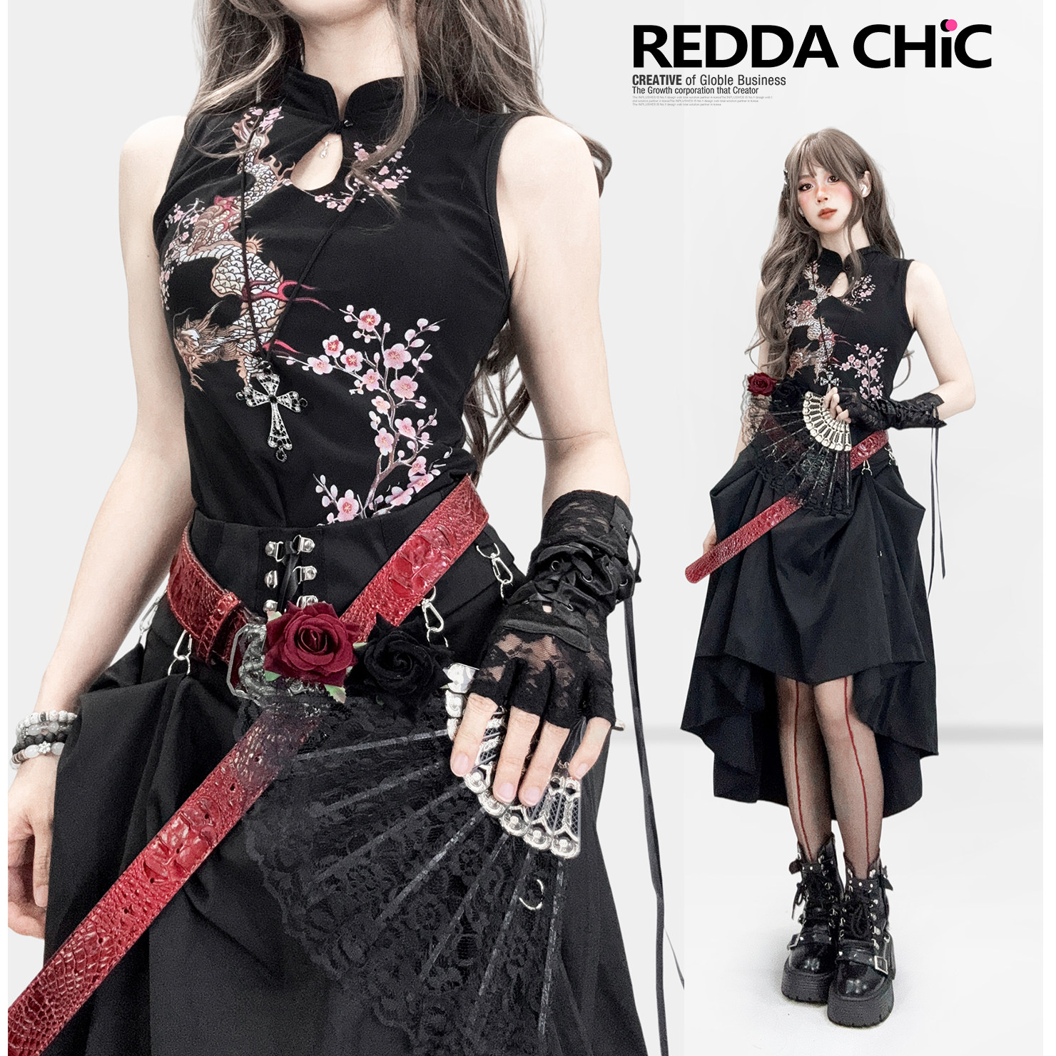 reddachic新中式暗黑旗袍无袖背心上衣修身短款黑色网纱亚文化T恤