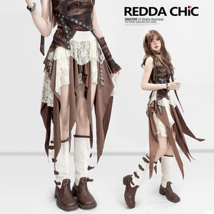 美式 复古拼接蕾丝不规则荷叶边短裙A字棕色度假音乐节穿搭半身裙