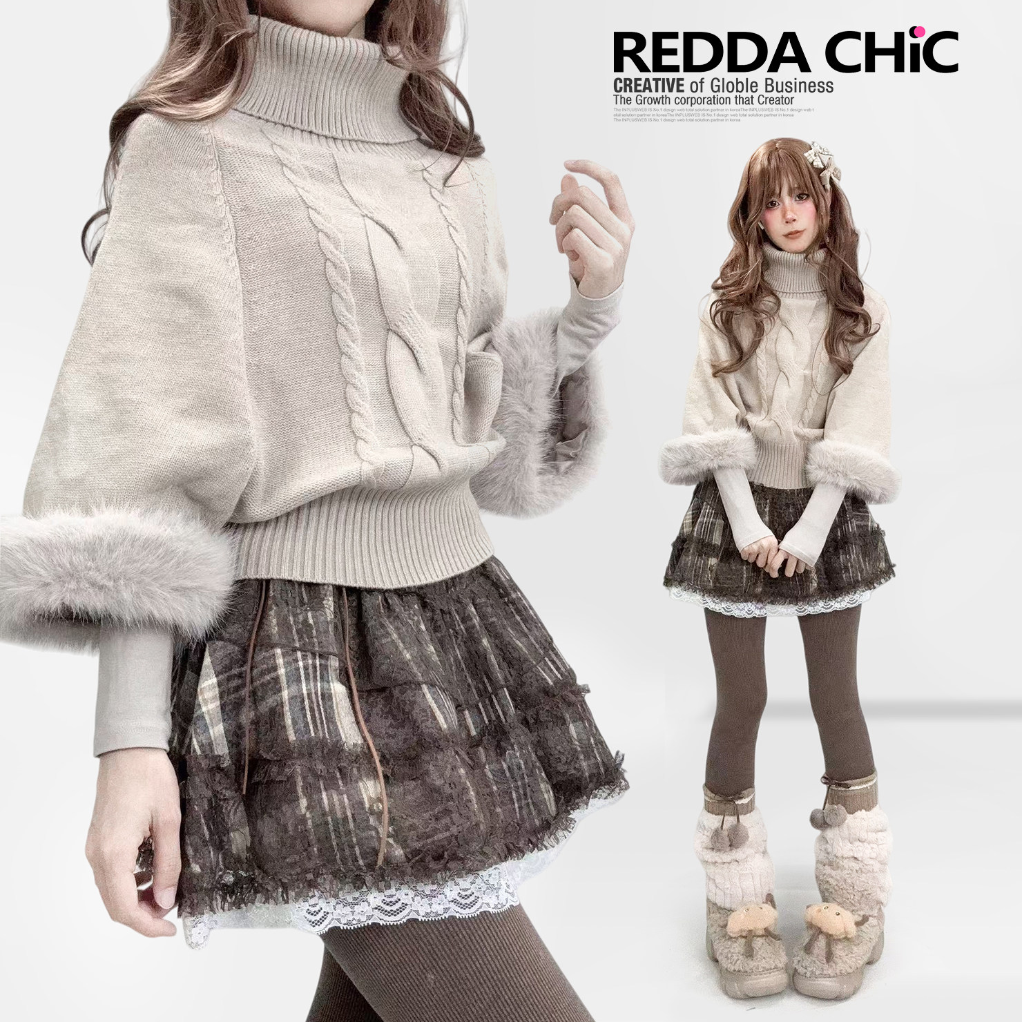 秋冬季高领翻领针织麻花蝙蝠袖斗篷毛衣宽松慵懒感毛毛拼接上衣女