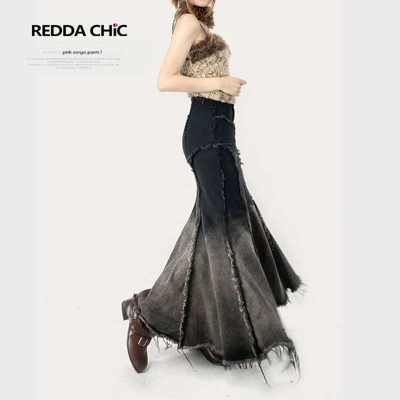 美拉德包臀牛仔鱼尾裙女中长款不规则渐变黑色A字半身长裙秋冬款