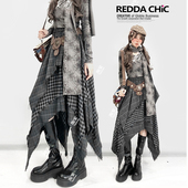 美拉德复古废土风不规则格纹拼接百褶流浪A字高腰中长款 灰色长裙