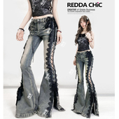 设计感拖地开叉长裤 修身 复古辣妹黑色蕾丝绑带亚比牛仔喇叭裤 美式