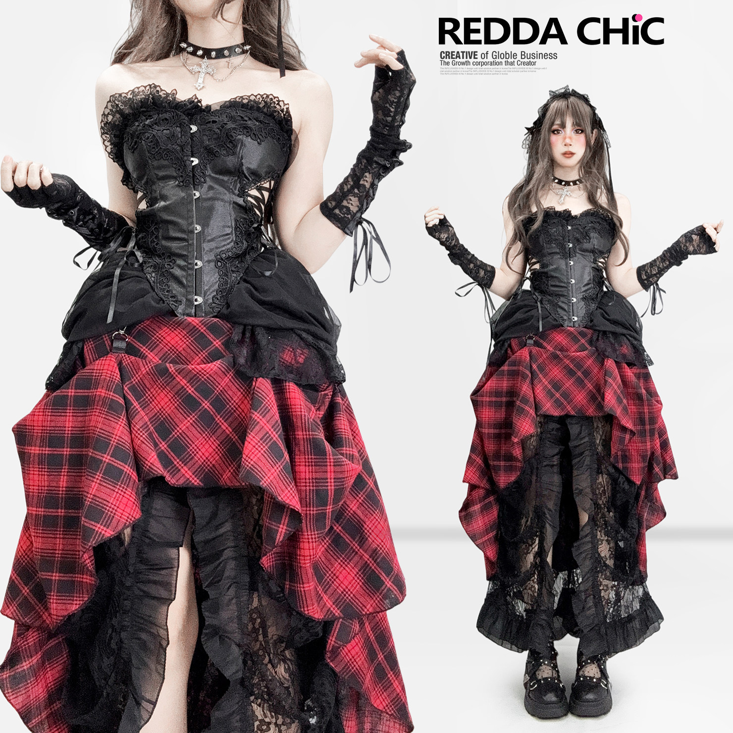 亚文化哥特暗黑连衣裙套装蕾丝黑红格子抹胸鱼骨三件套不规则裙子