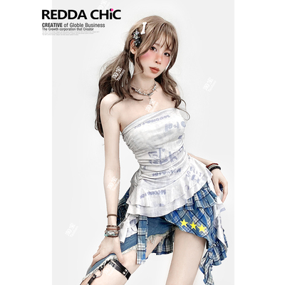 美式复古不规则收腰背心抹胸辣妹短款荷叶边印花海边薄纱上衣女