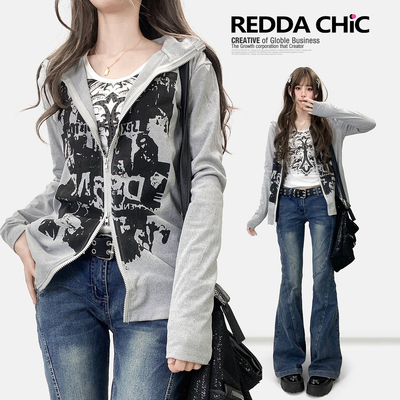 美式复古印花休闲薄款小开衫高领拉链外套开叉长袖亚比卫衣T恤秋