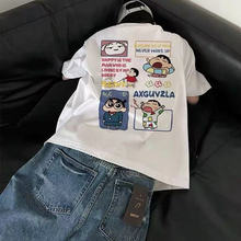 美式高街潮牌蜡笔小新印花白色短袖T恤男款夏季纯棉重磅上衣半袖