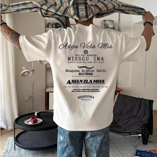 潮牌美式高街创意小众印花灰白色半袖上衣男夏季纯棉重磅短袖T恤