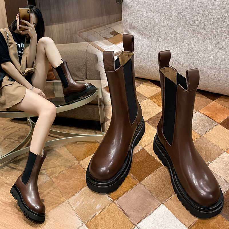 网红真皮切尔西烟筒靴moan同款