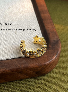 复古抹黑做旧花朵戒指小众设计中古风食指戒可调节个性高级感