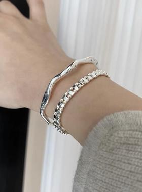 小众设计细款波浪手镯女锆石镶嵌简约百搭高级感开口调节手环