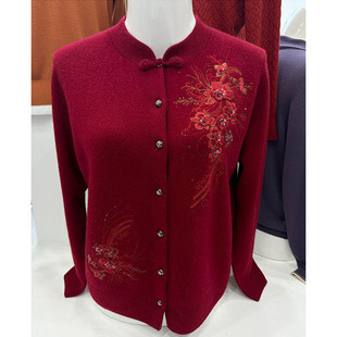 高贵妈妈100纯羊毛衫新中式红色针织开衫中老年人喜婆婆毛衣外套