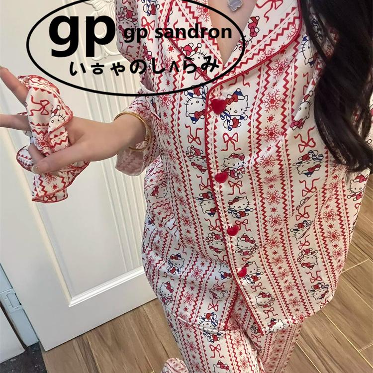 GP Sandron凯蒂猫条纹睡衣女款春秋季长款长袖家居服开衫大码套装