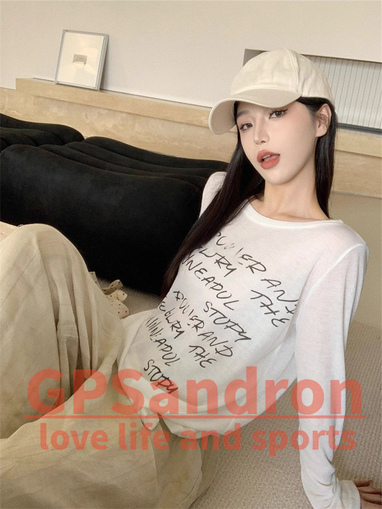 GPSandron防晒罩衫T恤女夏季白色字母涂鸦宽松半透视上衣外搭长袖