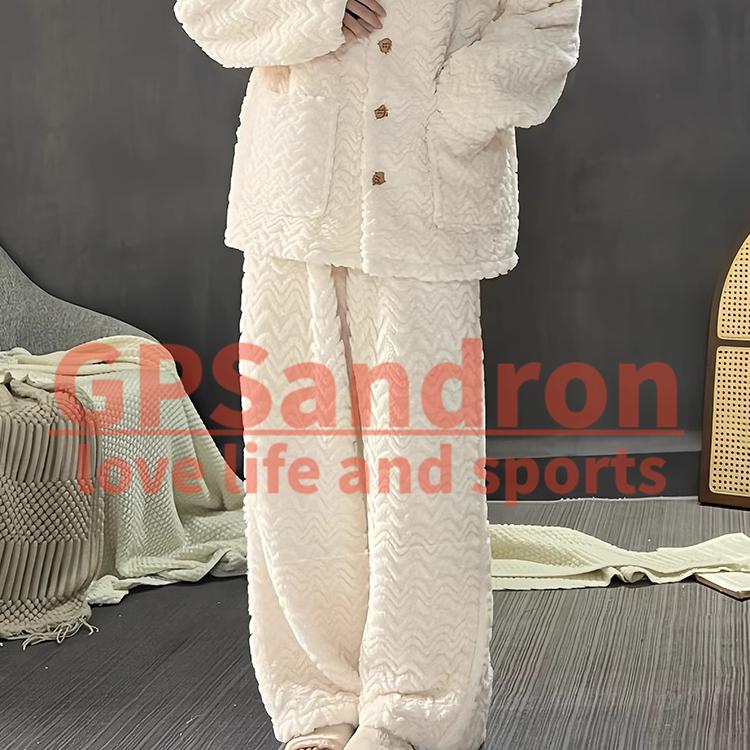 GP Sandron新中式国风珊瑚绒睡衣女款冬季简约风纯色加厚家居服