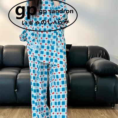 日本gp格纹爱心睡衣女家居服套装
