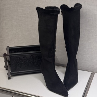 保暖麂皮靴 黑色加绒尖头高跟过膝长靴女冬季 IAMCPLUS 2025AW
