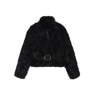 毛毛带腰带外套加厚保暖女外套 黑色短款 IAMCPLUS 2025AW
