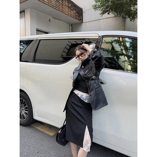 IAMCPLUS2026AW 假两件蕾丝错位开叉直筒半身裙