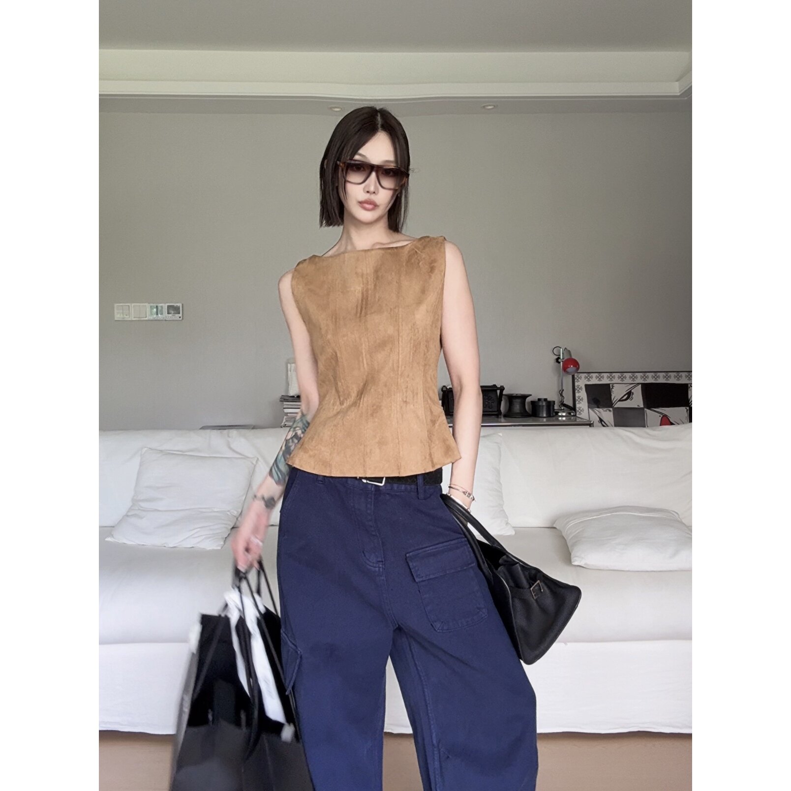 IAMCPLUS 2026AW 卡其棕麂皮绒立体收腰无袖背心上衣