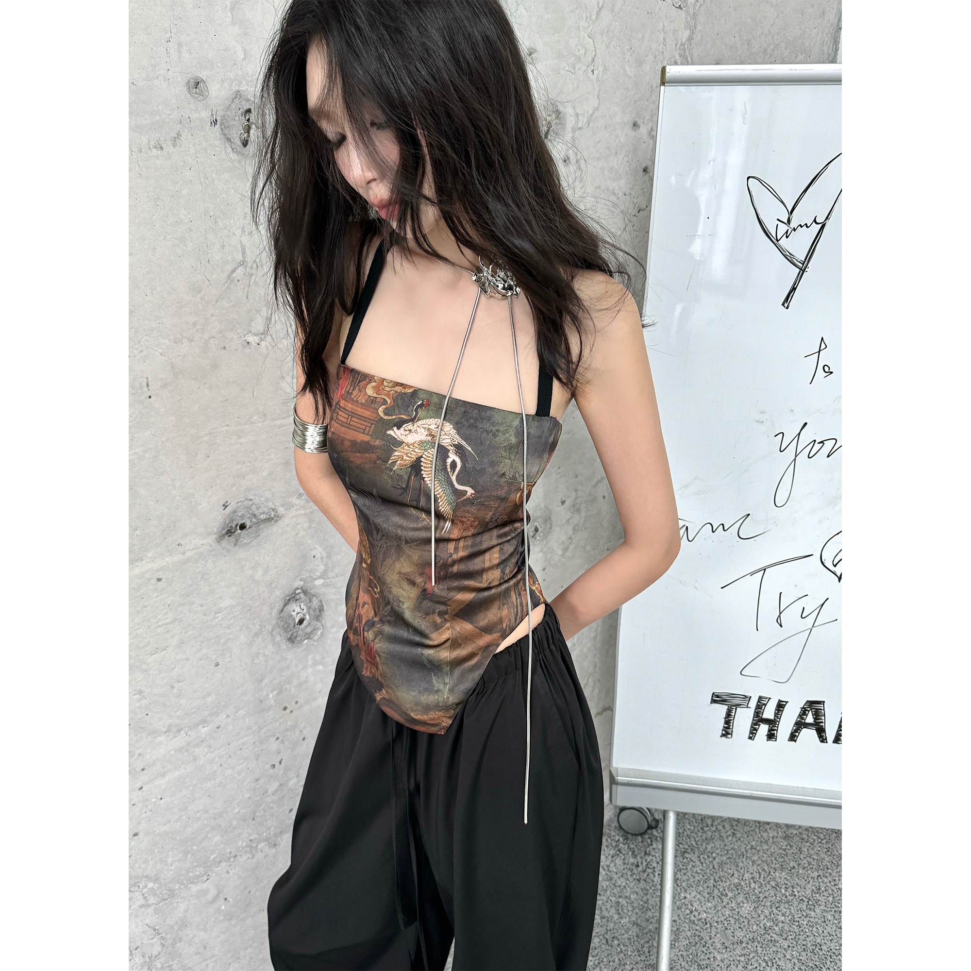 IAMCPLUS 瑞鹤祥云 宋画新中式吊带背心女夏外穿气质挂脖上衣抹胸