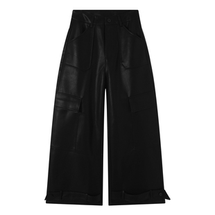 女休闲长裤 黑色显瘦高腰阔腿机车皮裤 2025AW IAMCPLUS