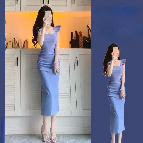 法式纯欲风飞飞袖开叉方领连衣裙女夏季修身显瘦包臀长裙子小个子