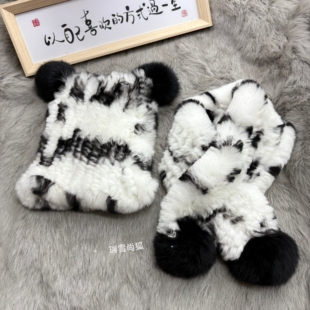 儿童皮草围巾帽子男女冬真獭兔毛高弹力编织加厚保暖宝宝围脖套装