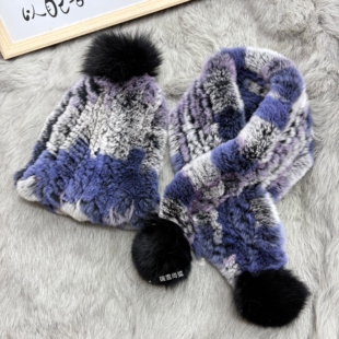 儿童皮草围巾帽子男女冬真獭兔毛高弹力编织加厚保暖宝宝围脖套装