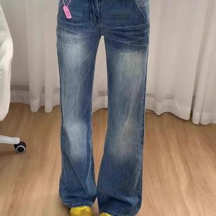 浪潮女装秋款大码复古直筒牛仔裤女新款水洗做旧高腰显瘦慵懒裤子
