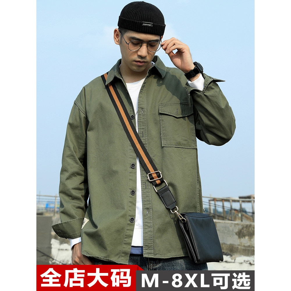 日系工装长袖衬衫男春秋季潮牌宽松加肥加大码休闲纯棉衬衣外套潮