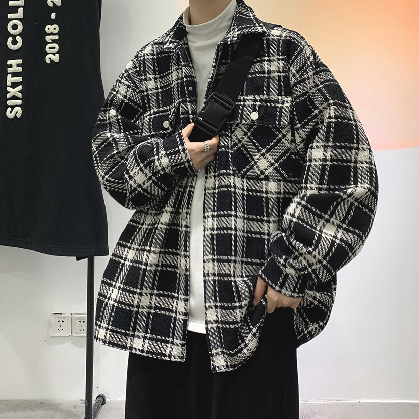 男士格子加绒外套秋冬新款青少年潮牌宽松大码冬季千鸟格衬衫夹克