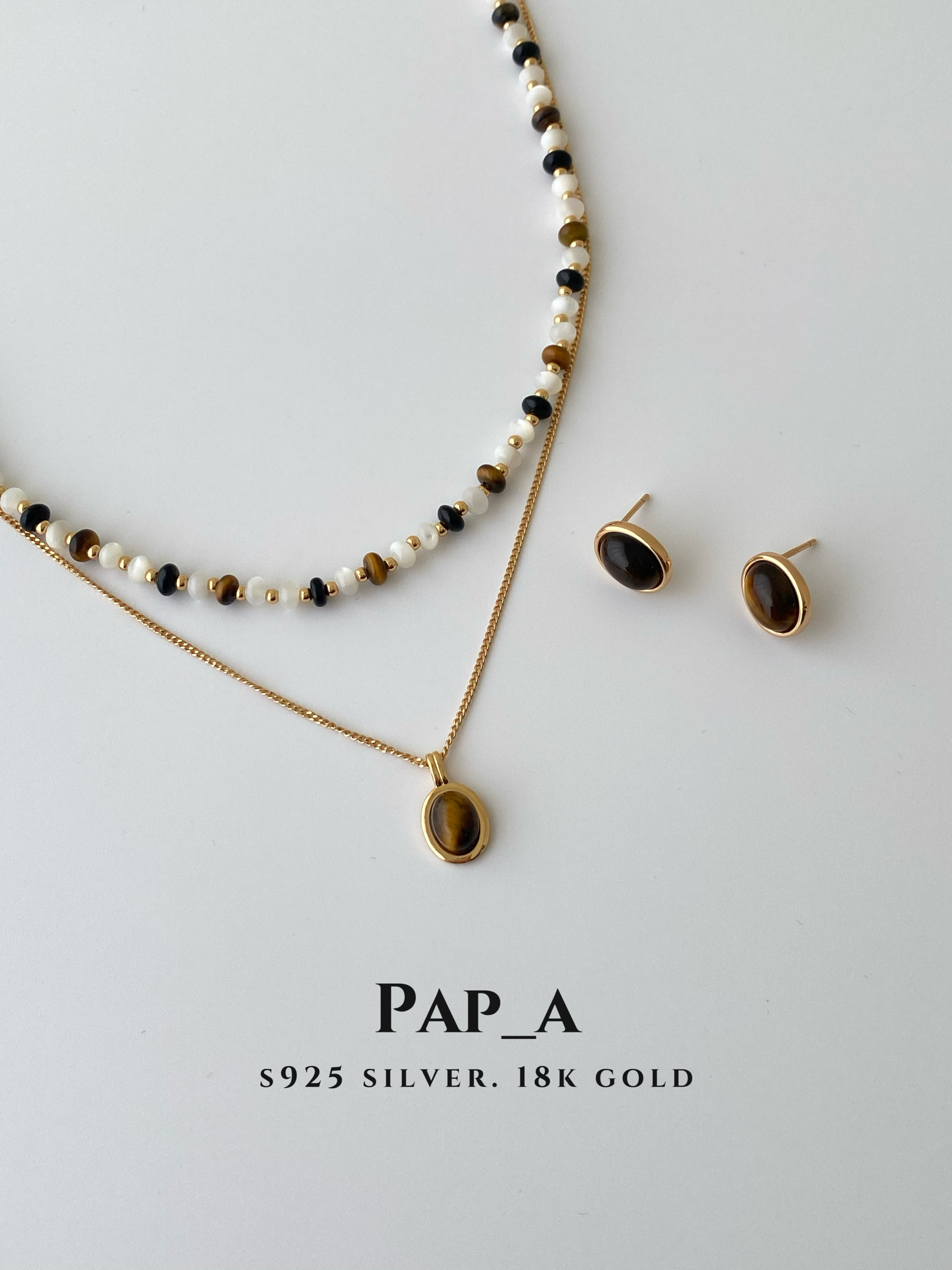 PAPA·虎眼石串珠项链 | s925银/虎眼石/银丝贝/黑玛瑙 |链长38+6