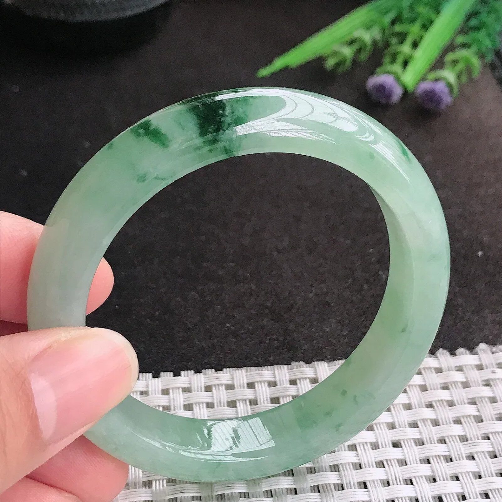 缅甸A货翡翠53/12.1/8.4老坑冰润起胶冰晴飘花手镯宽边玉镯